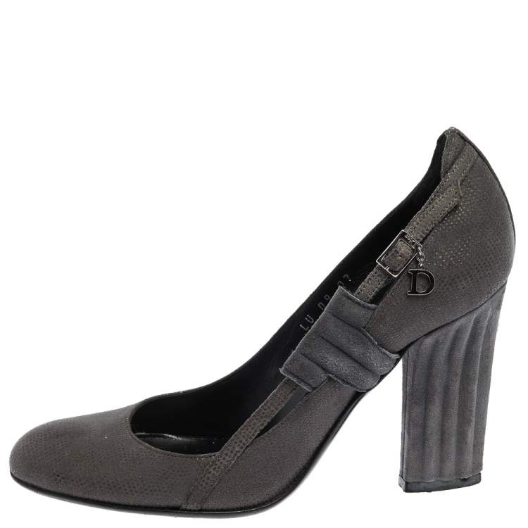 Pre Owned Dior Grey Suede Side Buckle Detail Block Heel Pumps Size 36