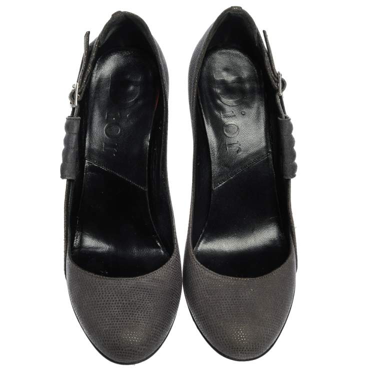 Pre Owned Dior Grey Suede Side Buckle Detail Block Heel Pumps Size 36