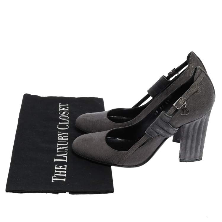 Pre Owned Dior Grey Suede Side Buckle Detail Block Heel Pumps Size 36