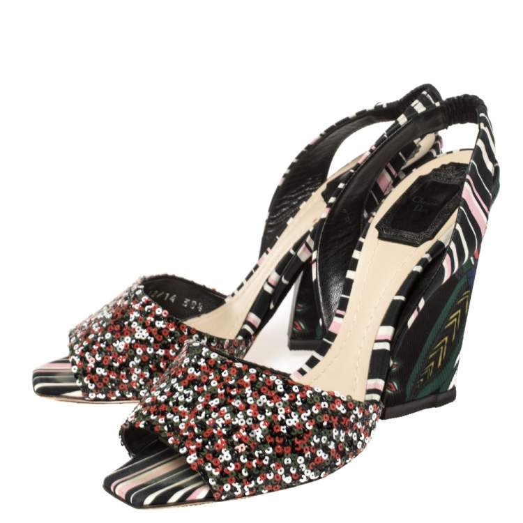 Pre Owned Dior Multicolor Sequins and Fabric Open Toe Wedge Slingback Sandals 38.5