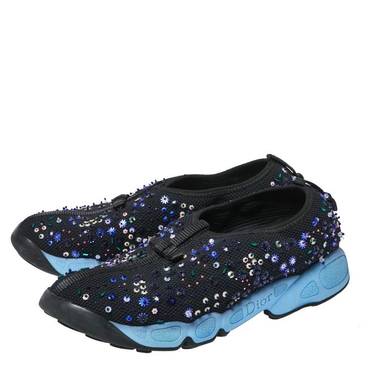 Pre Owned Dior Black Mesh Fusion Crystal Embellished Slip On Sneakers Size 38
