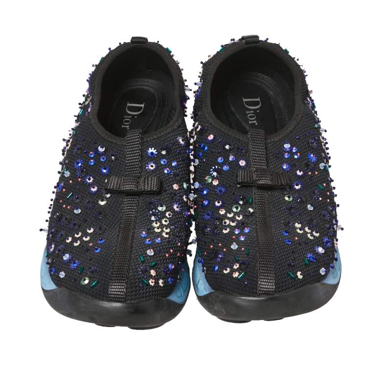 Pre Owned Dior Black Mesh Fusion Crystal Embellished Slip On Sneakers Size 38