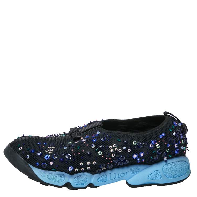 Pre Owned Dior Black Mesh Fusion Crystal Embellished Slip On Sneakers Size 38