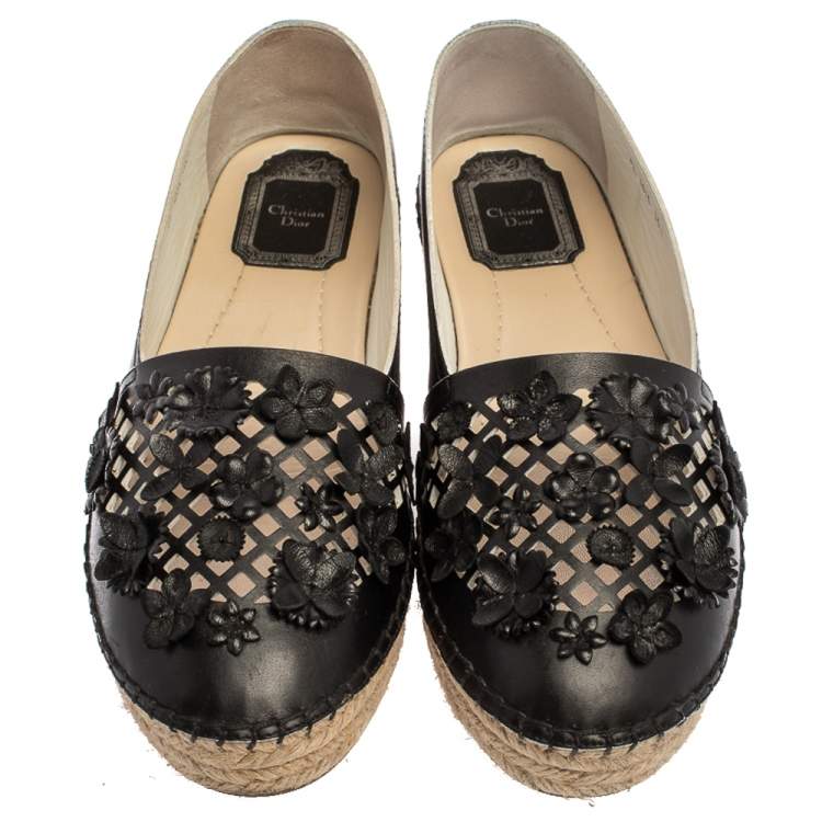 Pre Owned Dior Black Laser Cut Floral Embellished Leather Flore Espadrilles Size 35.5