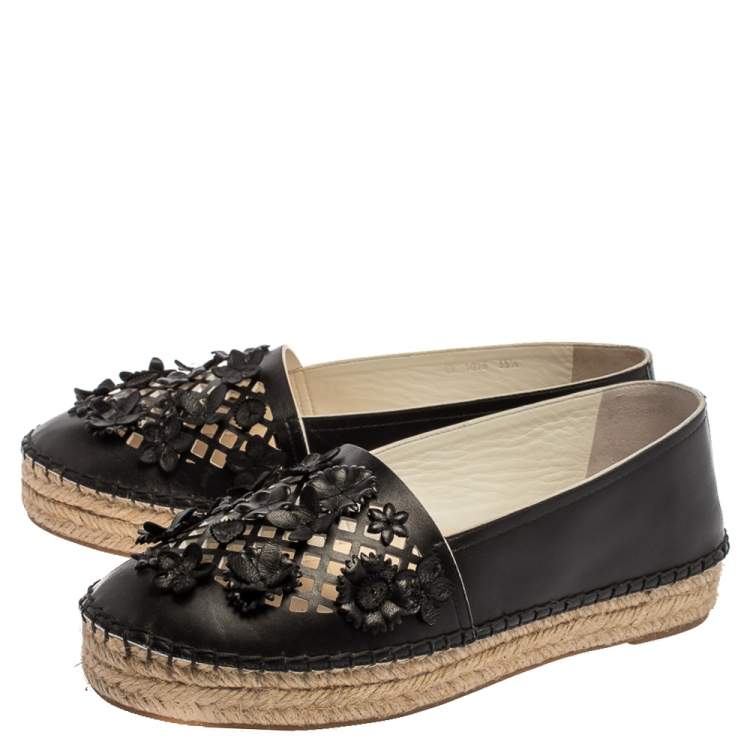 Pre Owned Dior Black Laser Cut Floral Embellished Leather Flore Espadrilles Size 35.5
