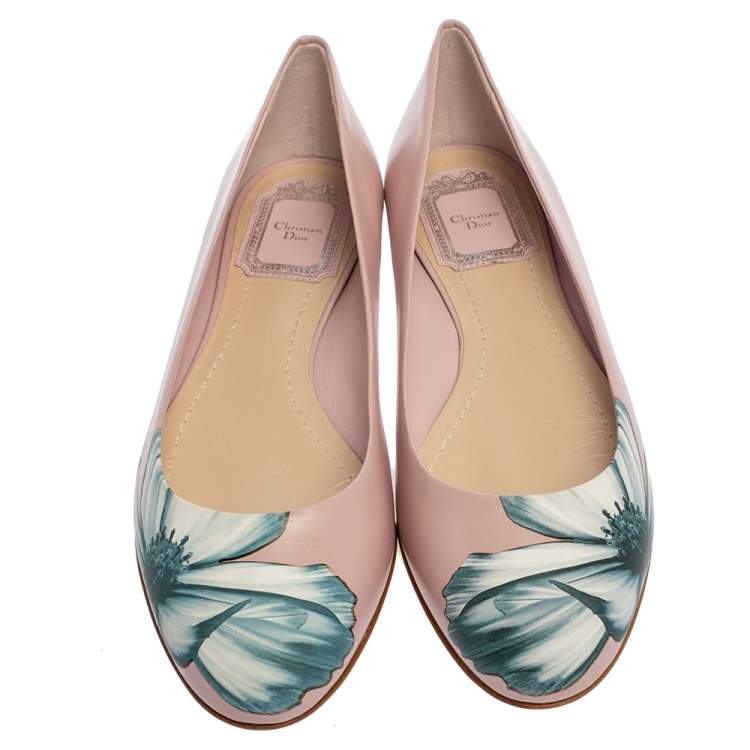 Pre Owned Dior Pink Floral Print Leather Ballet Flats Size 38.5