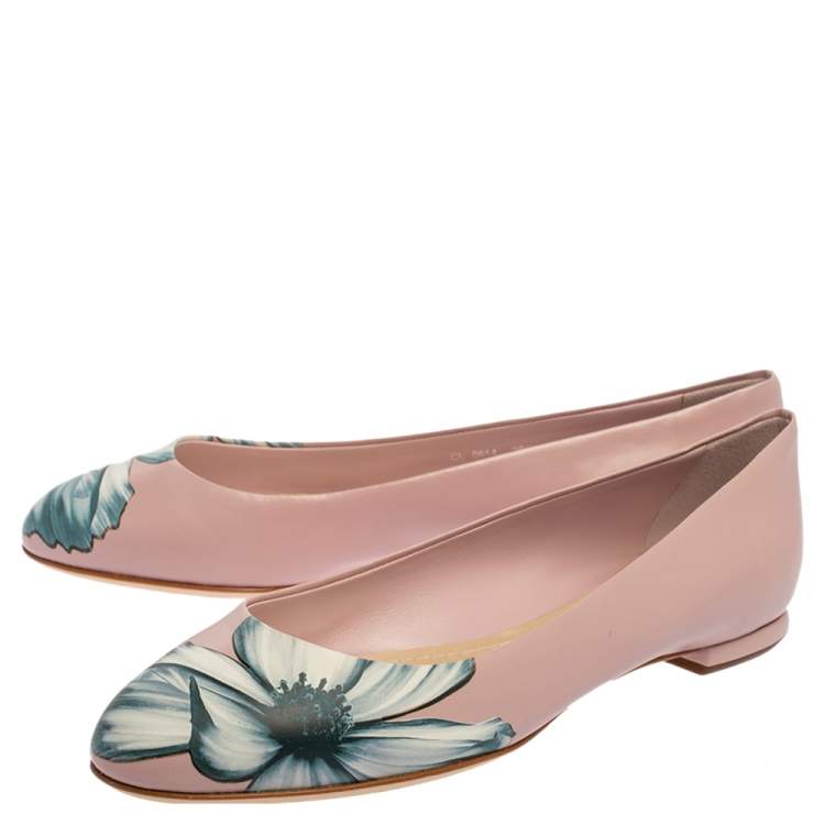 Pre Owned Dior Pink Floral Print Leather Ballet Flats Size 38.5