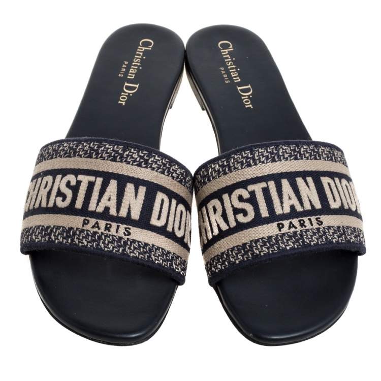 Pre Owned Christian Dior Blue/White Cotton Fabric Embroidered Dway Logo Slide Flats Size 38