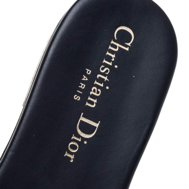 Pre Owned Christian Dior Blue/White Cotton Fabric Embroidered Dway Logo Slide Flats Size 38