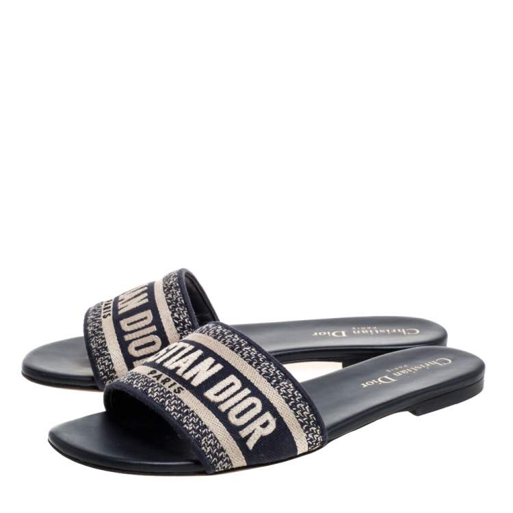 Pre Owned Christian Dior Blue/White Cotton Fabric Embroidered Dway Logo Slide Flats Size 38
