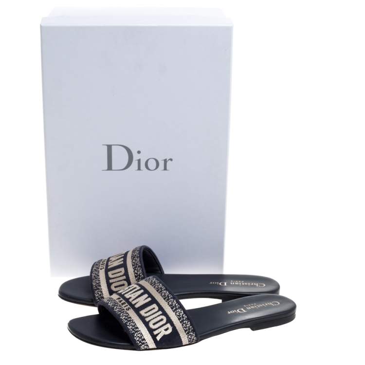Pre Owned Christian Dior Blue/White Cotton Fabric Embroidered Dway Logo Slide Flats Size 38
