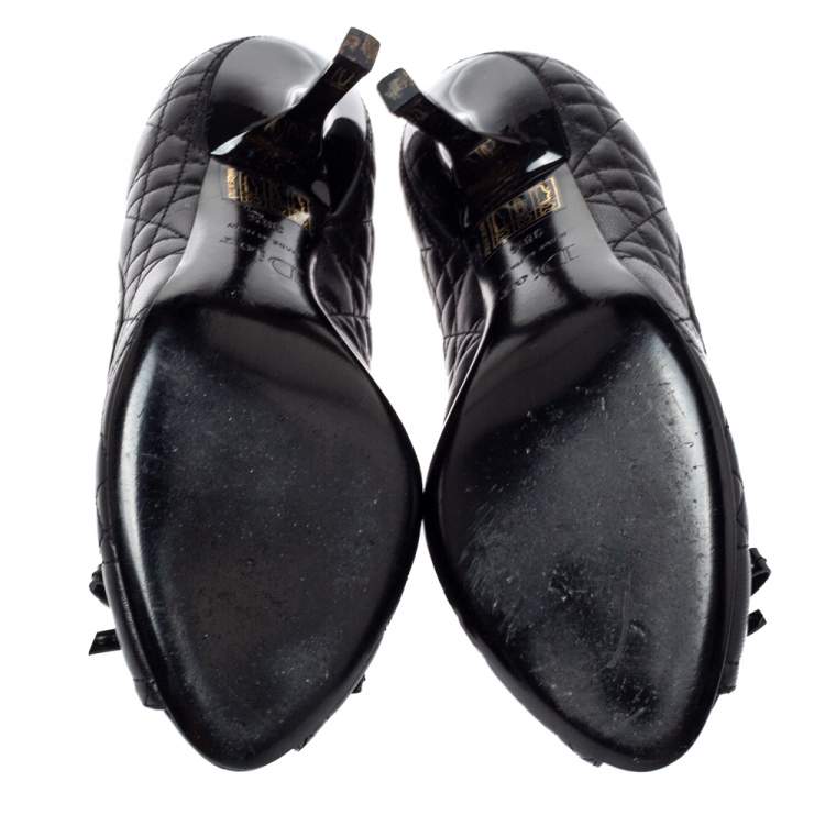 Pre Owned Dior Black Cannage Leather Bow Peep Toe Pumps Size 38.5