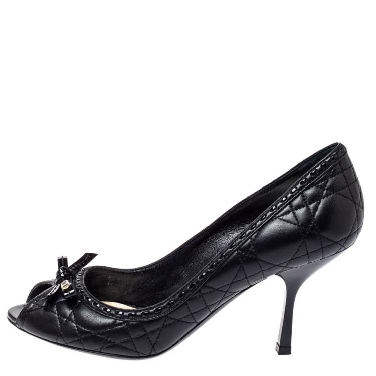 Pre Owned Dior Black Cannage Leather Bow Peep Toe Pumps Size 38.5