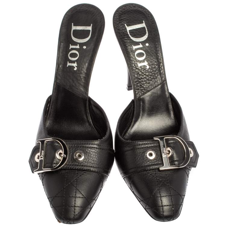 Pre Owned Dior Black Quilted Leather Buckle Detail Mules Size 40