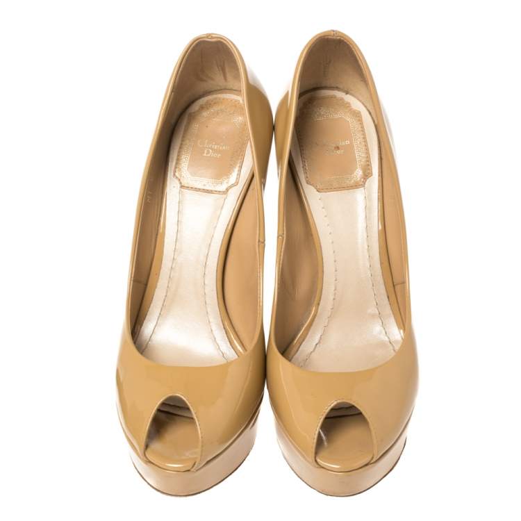 Pre Owned Dior Mustard Patent Leather Metal Cannage Heel Peep Toe Platform Pumps Size 35