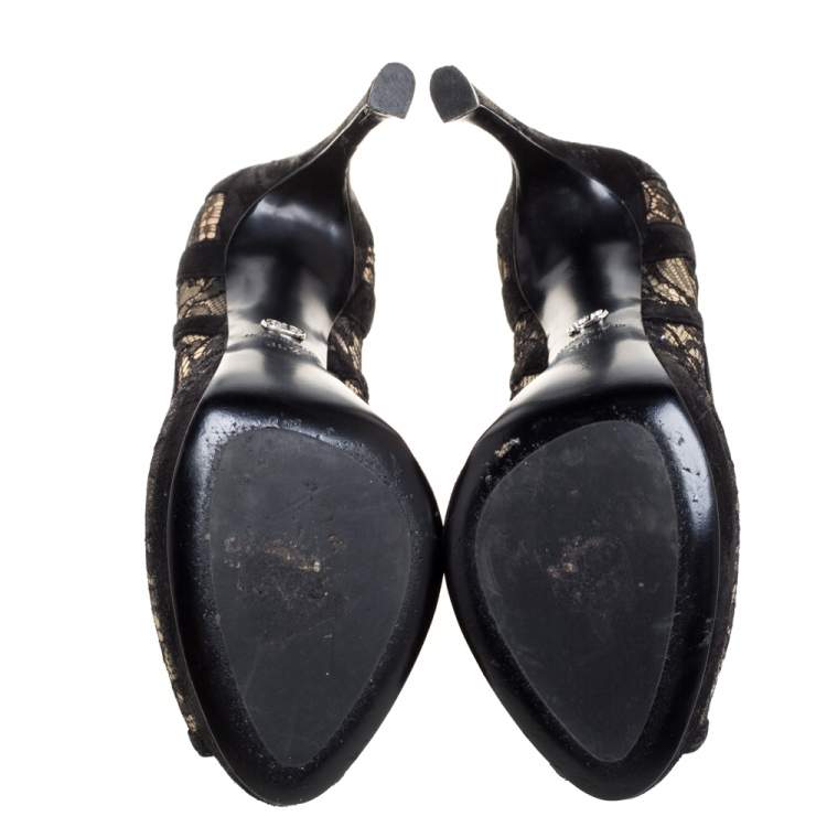 Pre Owned Dior Black Lace And Suede Scallop Peep Toe Pumps Size 36.5