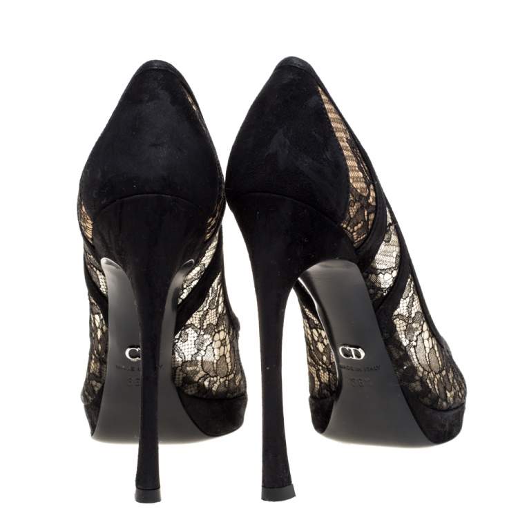 Pre Owned Dior Black Lace And Suede Scallop Peep Toe Pumps Size 36.5