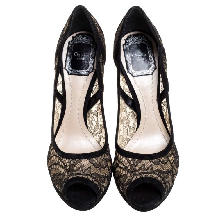 Pre Owned Dior Black Lace And Suede Scallop Peep Toe Pumps Size 36.5