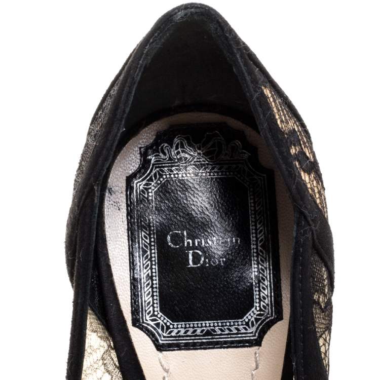 Pre Owned Dior Black Lace And Suede Scallop Peep Toe Pumps Size 36.5
