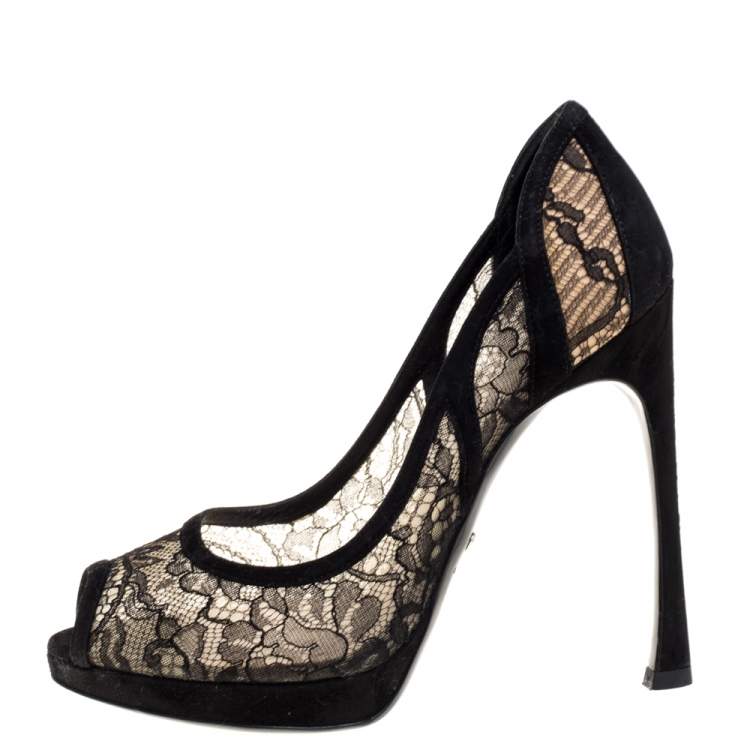 Pre Owned Dior Black Lace And Suede Scallop Peep Toe Pumps Size 36.5