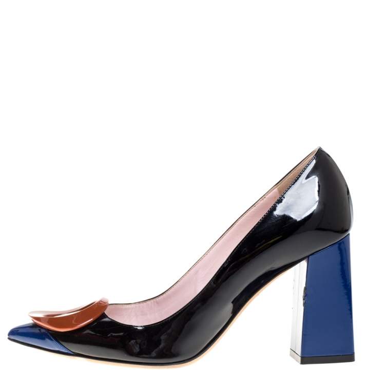 Pre Owned Dior Black/Blue Patent Leather Pointed Toe Pumps Size 37