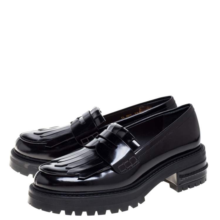 Pre Owned Dior Black Patent Leather Fringe Penny Loafers Size 38.5