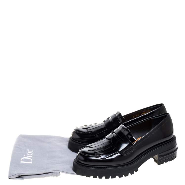 Pre Owned Dior Black Patent Leather Fringe Penny Loafers Size 38.5