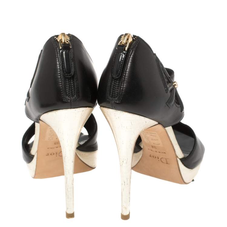 Pre Owned Dior Black Patent and Leather Bow Cut Out Platform Sandals Size 38  