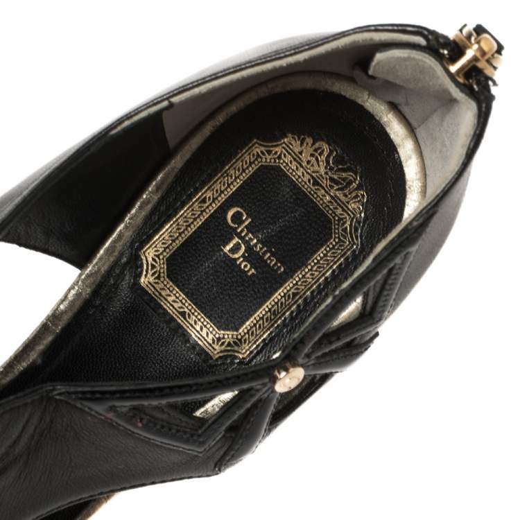 Pre Owned Dior Black Patent and Leather Bow Cut Out Platform Sandals Size 38  
