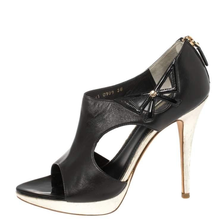 Pre Owned Dior Black Patent and Leather Bow Cut Out Platform Sandals Size 38  