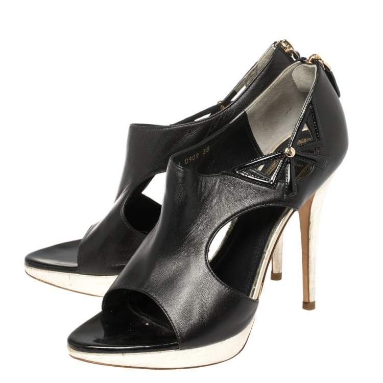 Pre Owned Dior Black Patent and Leather Bow Cut Out Platform Sandals Size 38  