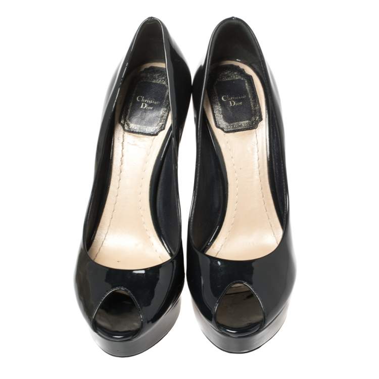 Pre Owned Dior Dark Blue Patent Leather Cannage Heel Peep Toe Platform Pumps Size 36