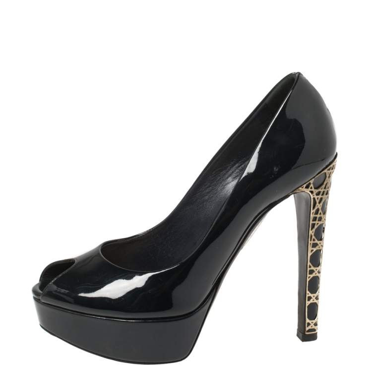 Pre Owned Dior Dark Blue Patent Leather Cannage Heel Peep Toe Platform Pumps Size 36