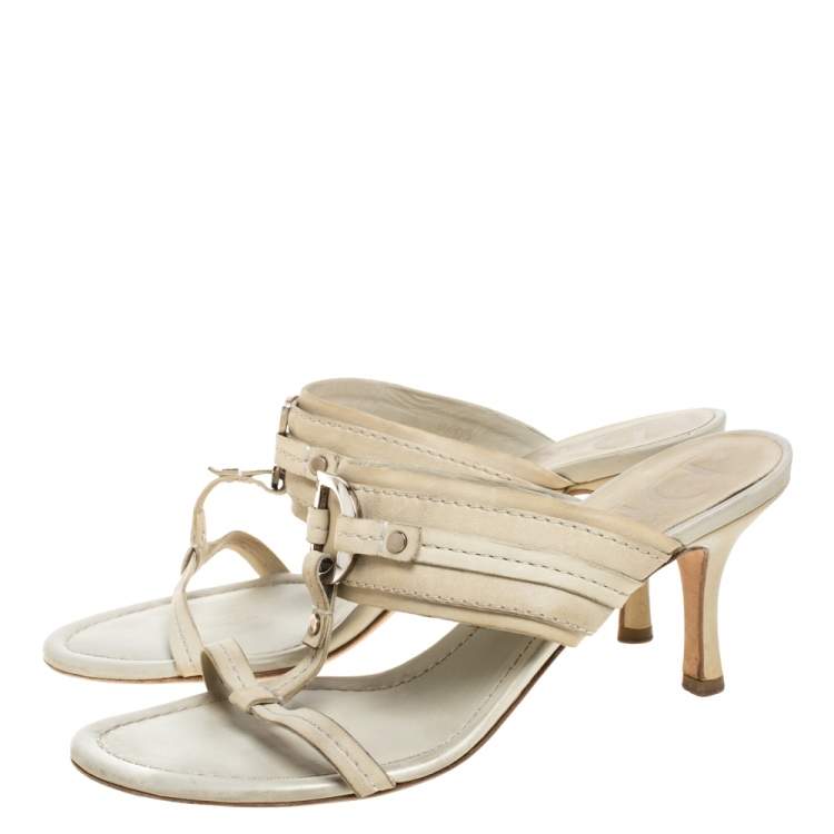 Pre Owned Dior Cream Leather Slide Sandals Size 37