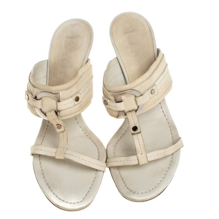 Pre Owned Dior Cream Leather Slide Sandals Size 37