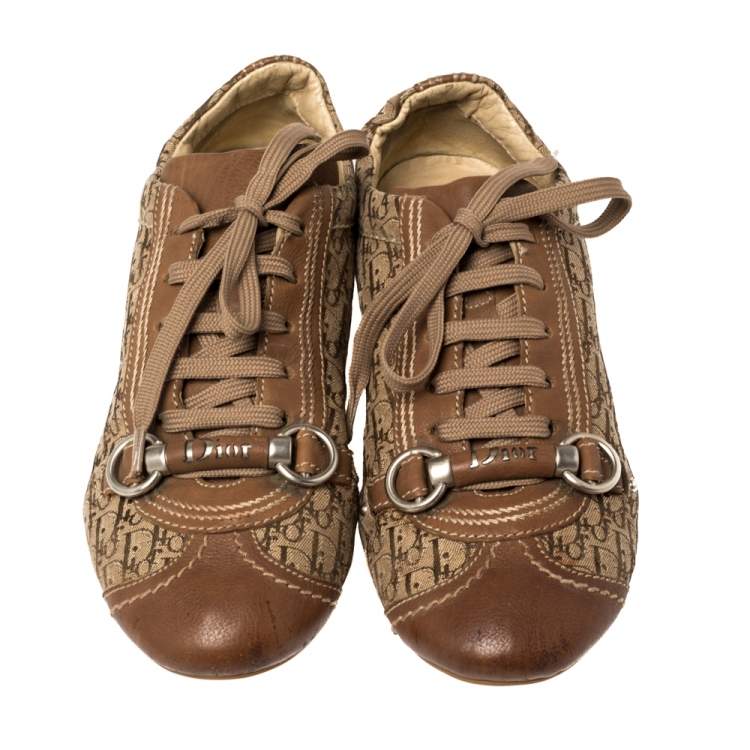 Pre Owned Dior Brown Leather and Diorissimo Canvas Low Top Sneakers Size 37