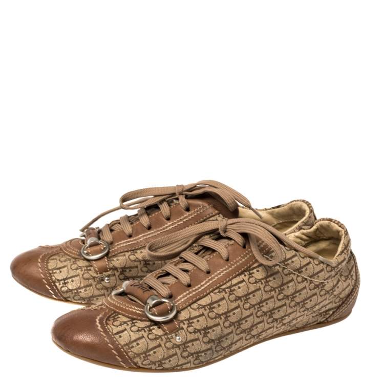 Pre Owned Dior Brown Leather and Diorissimo Canvas Low Top Sneakers Size 37