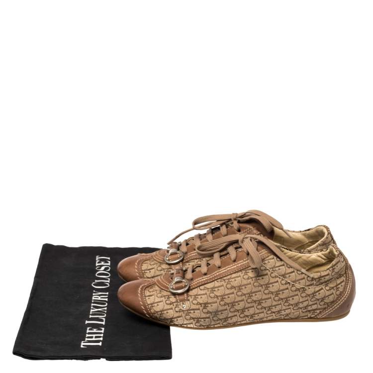 Pre Owned Dior Brown Leather and Diorissimo Canvas Low Top Sneakers Size 37