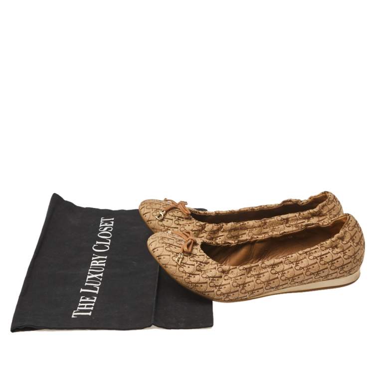 Pre Owned Dior Brown Diorissimo Canvas Bow Detail Scrunch Ballet Flats Size 38.5 