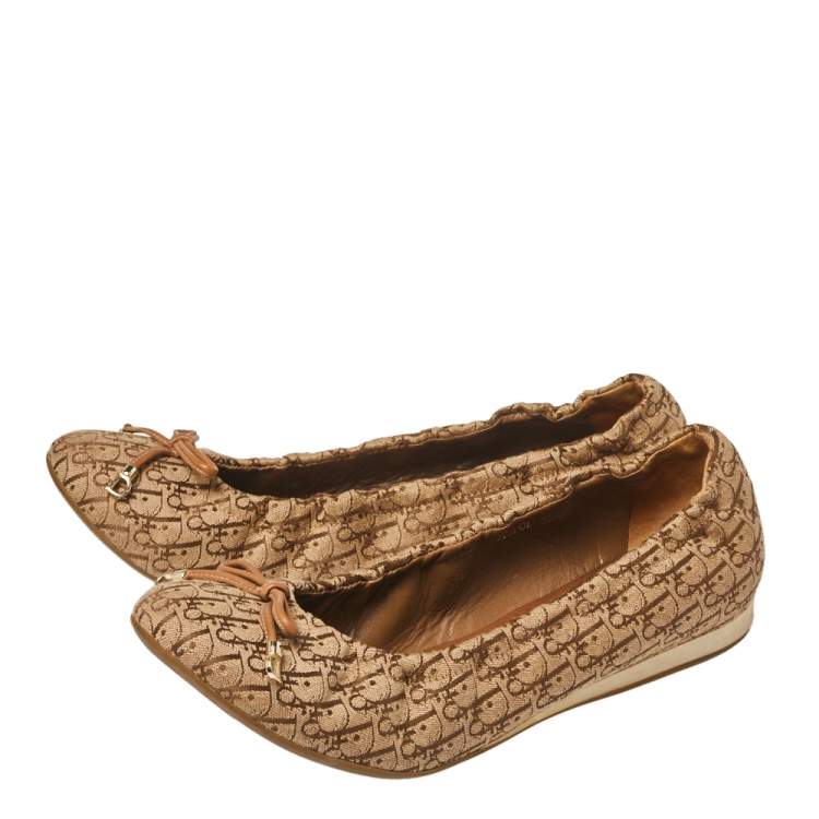 Pre Owned Dior Brown Diorissimo Canvas Bow Detail Scrunch Ballet Flats Size 38.5 