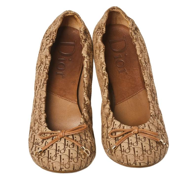 Pre Owned Dior Brown Diorissimo Canvas Bow Detail Scrunch Ballet Flats Size 38.5 