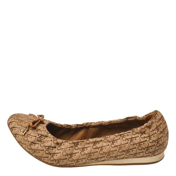 Pre Owned Dior Brown Diorissimo Canvas Bow Detail Scrunch Ballet Flats Size 38.5 