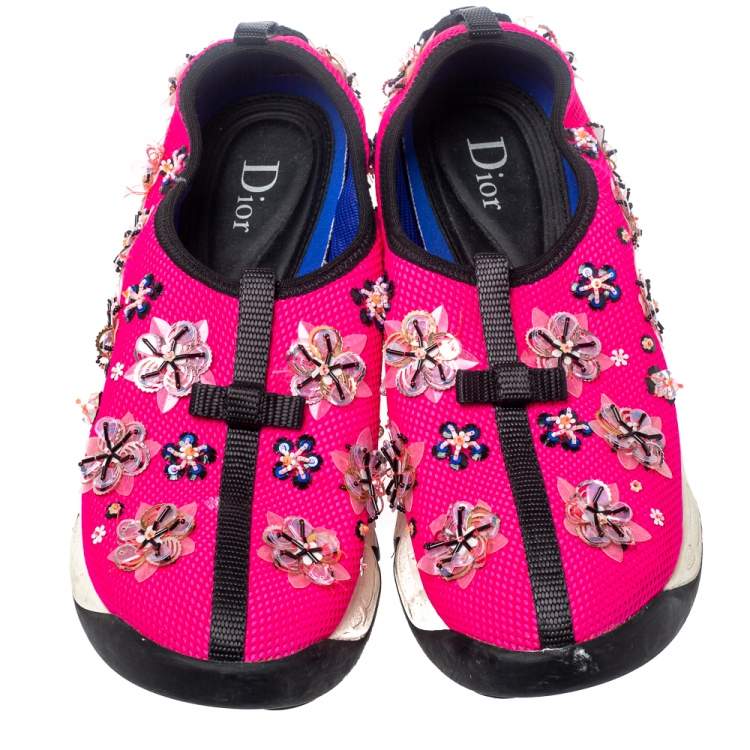 Pre Owned Dior Pink/Black Mesh Fusion Crystal Embellished Slip On Sneakers Size 38.5