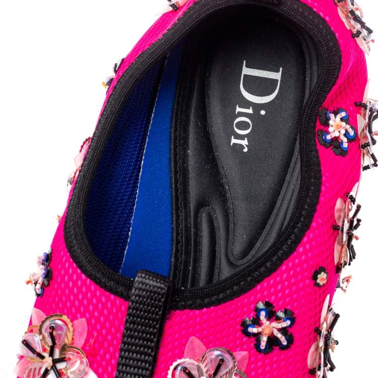 Pre Owned Dior Pink/Black Mesh Fusion Crystal Embellished Slip On Sneakers Size 38.5