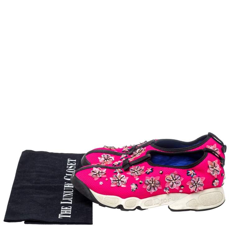 Pre Owned Dior Pink/Black Mesh Fusion Crystal Embellished Slip On Sneakers Size 38.5