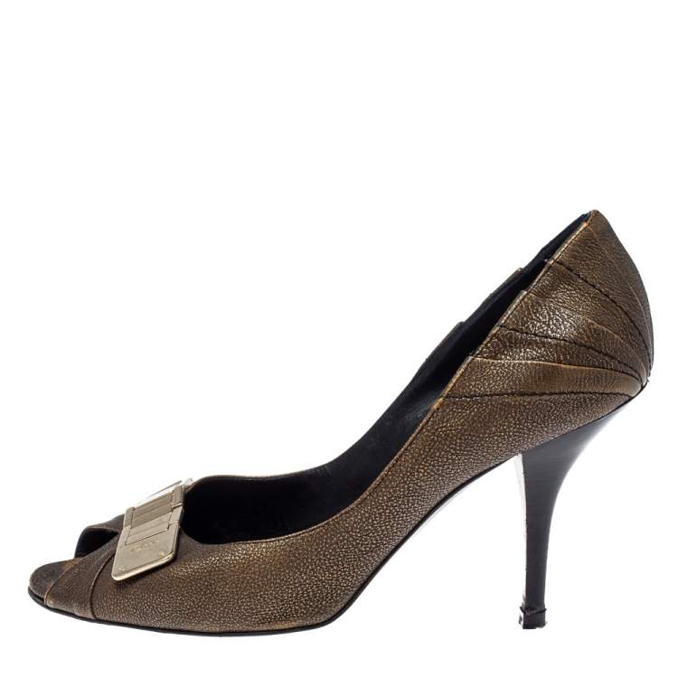 Pre Owned Dior Khaki Brown Leather Metal Detail Peep Toe Pumps Size 39.5