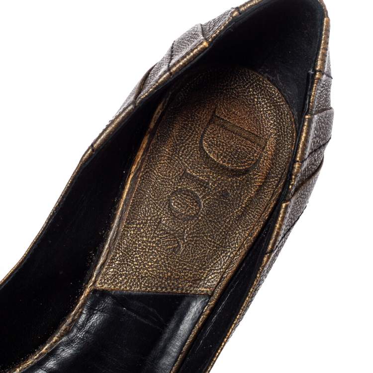 Pre Owned Dior Khaki Brown Leather Metal Detail Peep Toe Pumps Size 39.5