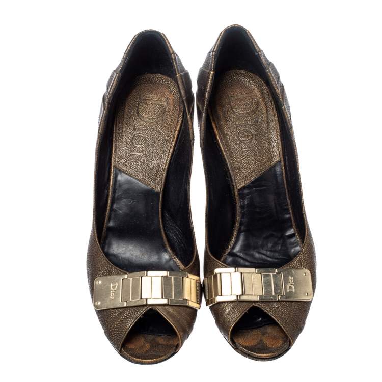 Pre Owned Dior Khaki Brown Leather Metal Detail Peep Toe Pumps Size 39.5