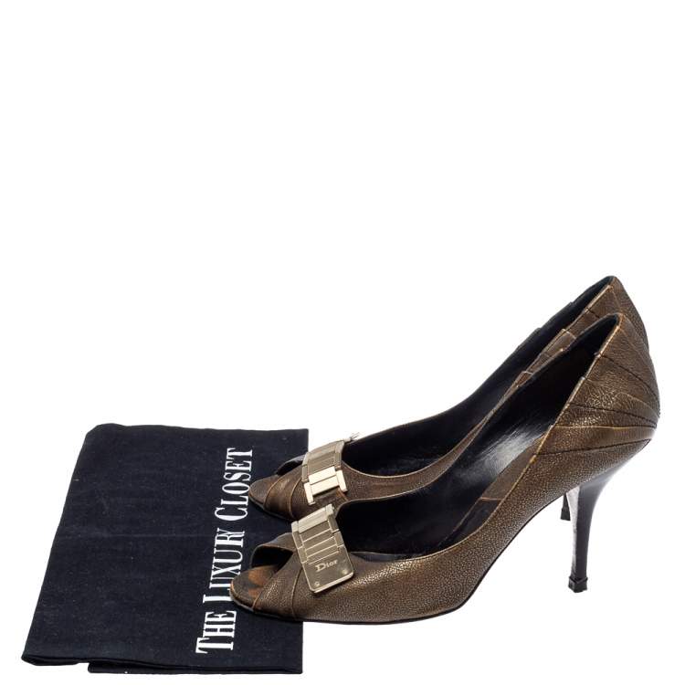 Pre Owned Dior Khaki Brown Leather Metal Detail Peep Toe Pumps Size 39.5