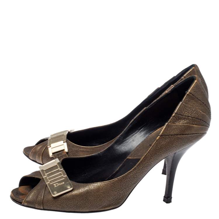 Pre Owned Dior Khaki Brown Leather Metal Detail Peep Toe Pumps Size 39.5